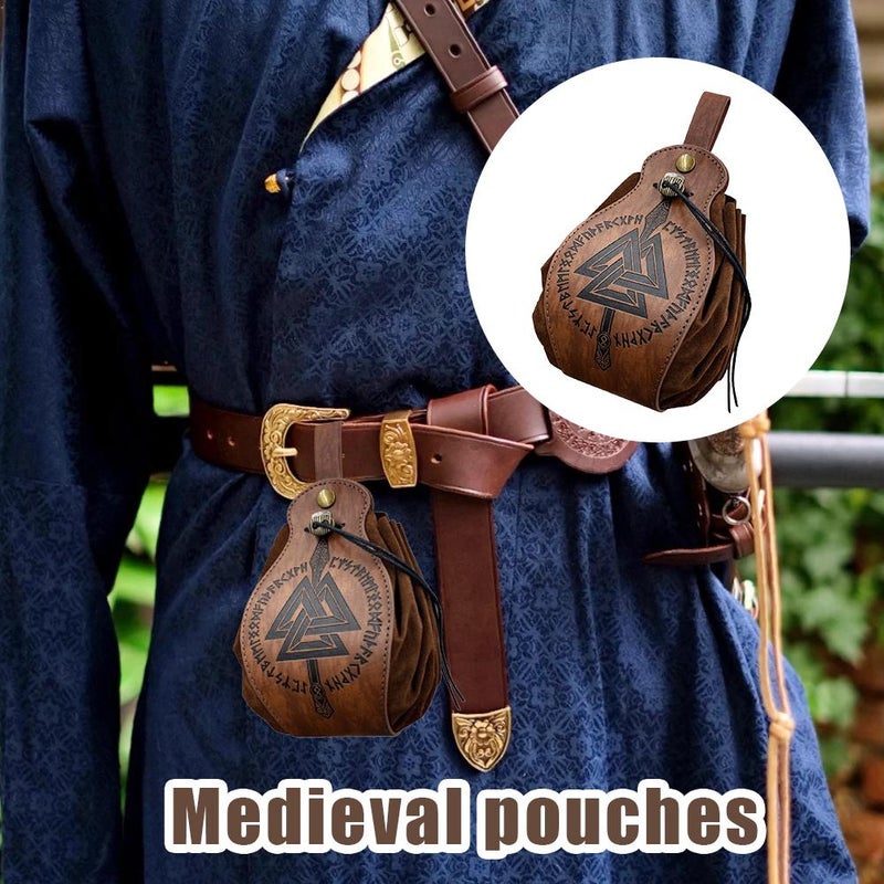 Leather Coin Pouch, Medieval Faux Leather Drawstring Coin Purse with Embossed Design, Vintage Belt Pouch for LARP Cosplay, Daily Use Retro Waist Bag (Brown) - Image 2